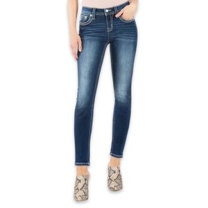 Miss Me Size 24 Bejeweled Skinny Jeans Denim Blue with Silver & Pink Detailing